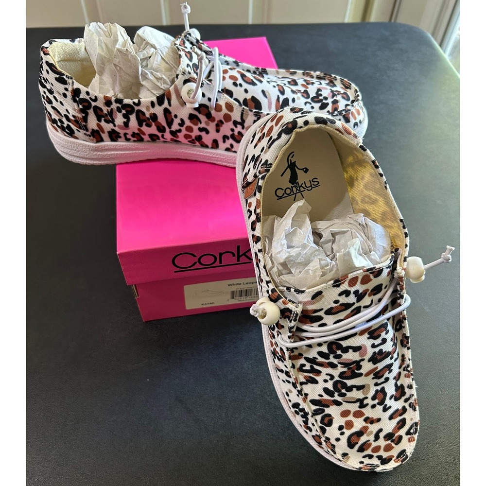 Corky's Kayak Boat Shoes Women 10 White Leopard Print Canvas Loafers Slip On NEW